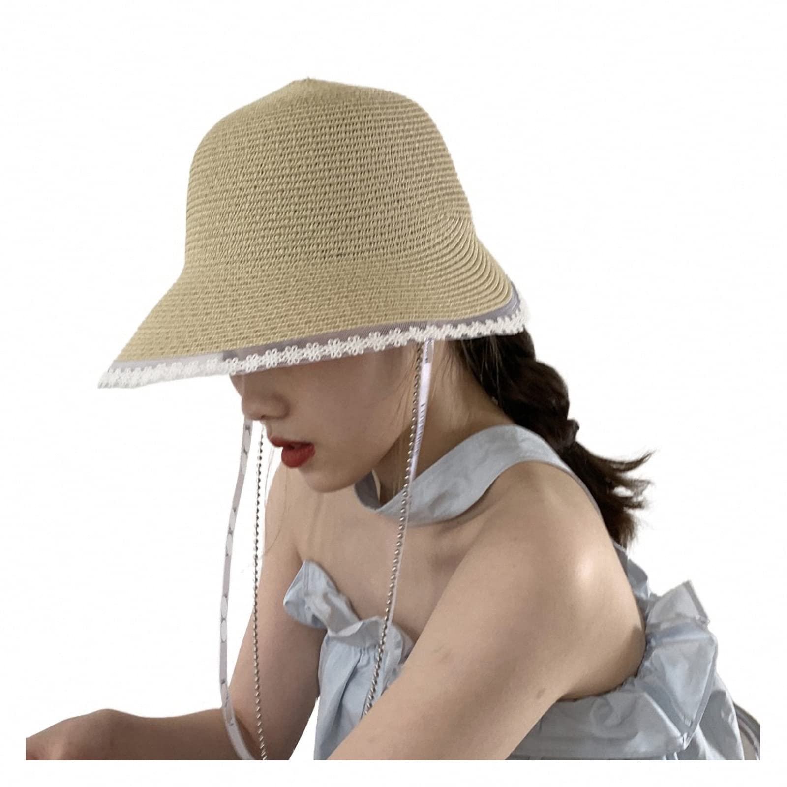 Geflochtener winddichter Strohhut für Damen mit Spitze, dünner, atmungsaktiver Sommer Sonnenhut, modischer eimerhut am Meer, Strandurlaub,Beige,One Size