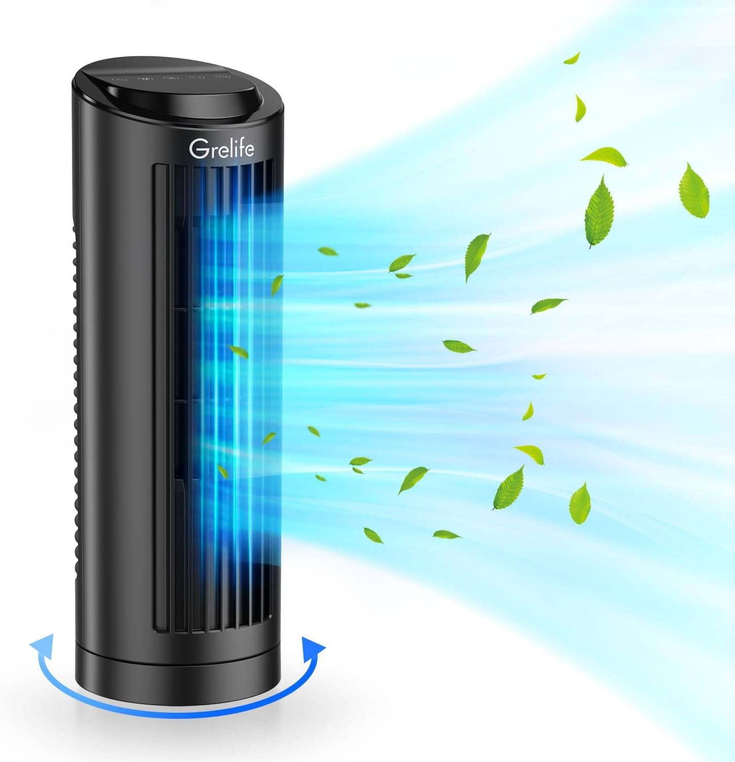 Grelife13" Bladeless Tower Fan with 70° Oscillation, Touch Screen and Remote Control, 3 Speeds, 4 Wind Modes, 12-Hour Timer - Compact Cooling for Home Office Bedroom