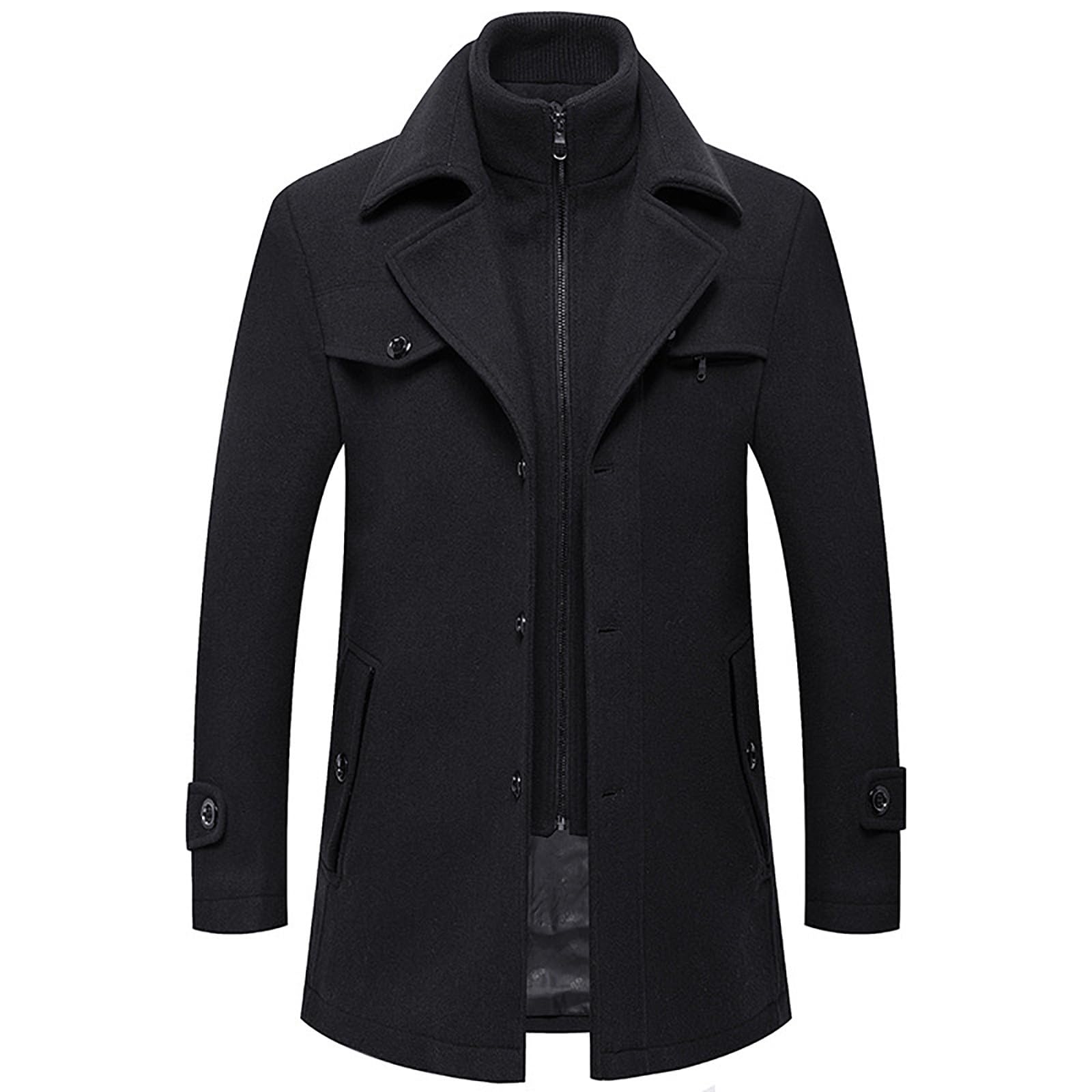 SRZYMJ Schwarz Herren Mantel Wolle Lang Herbst Wollmantel Slim Fit Wintermantel Business Trenchcoat Freizeit Mäntel Stehkragen Übergangsmantel Bequeme Herrenmantel Winter Herbstmantel Trenchcoat 4XL