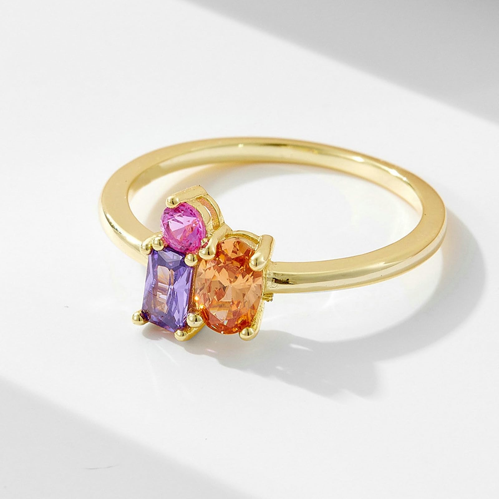 Anillo de 30 aniversario para mujer, zafiro sintético y amatista, 3 piedras, anillos de oro amarillo de 18 quilates para mujer, oro amarillo de 9 quilates, 14 y 18 quilates, talla H 1/2-V 1/2