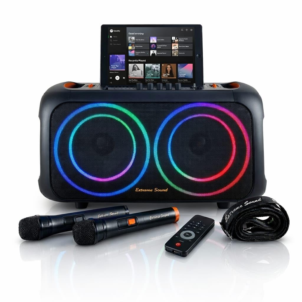 Cassa Portatile Bluetooth Ricaricabile – KIT Karaoke + 2 Microfoni - Autonomia fino a 48 ore - Radio FM, TWS, USB, AUX LED RGB, 2 Subwoofer16 cm -