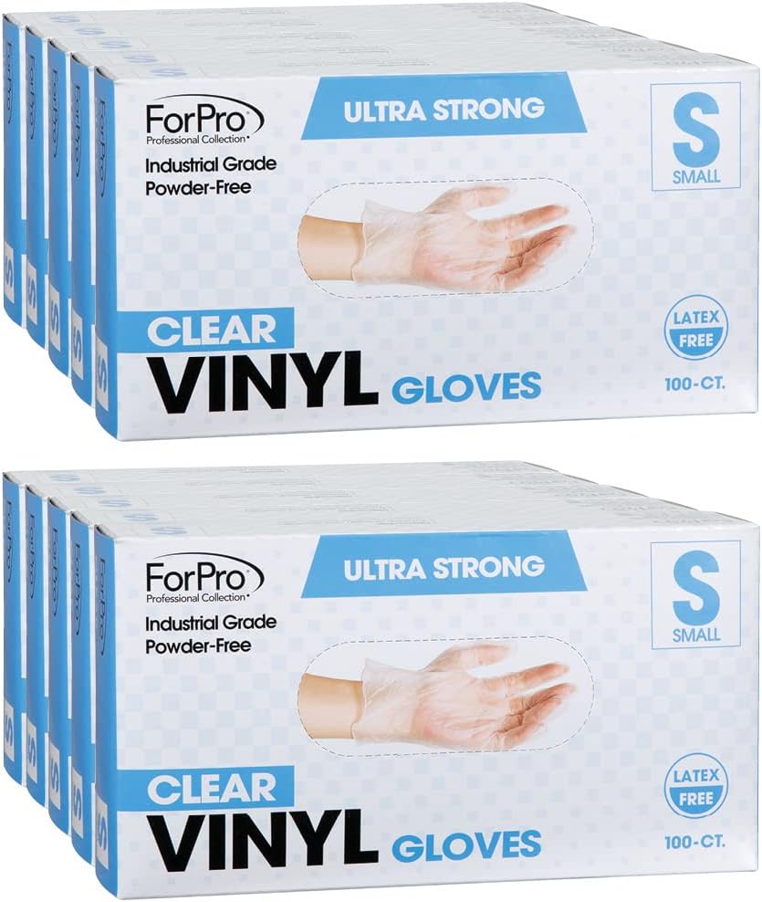 ForPro Disposable Vinyl Gloves, Clear, Industrial Grade, Powder-Free, Latex-Free, Non-Sterile, Food Safe, 2.75 Mil. Palm, 3.9 Mil. Fingers, Small, 100-Count (Pack of 10)