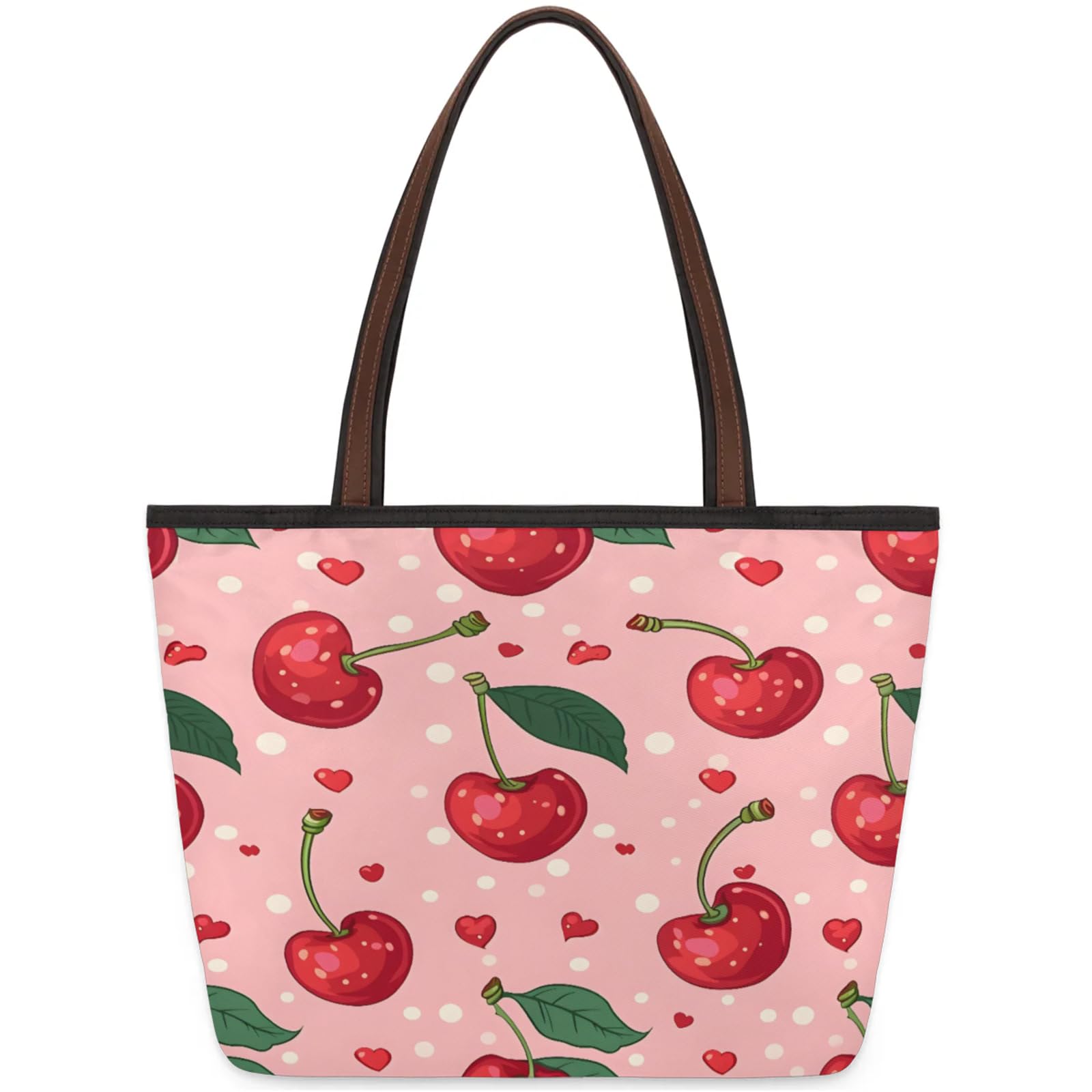 Polka Dot Heart Cherry Tote Bag Multi Pocket Zippered Beach Bag Lightweight Waterproof Handbag for Women Men Work Gym Travel Swimming Yoga Grocery Shopping M