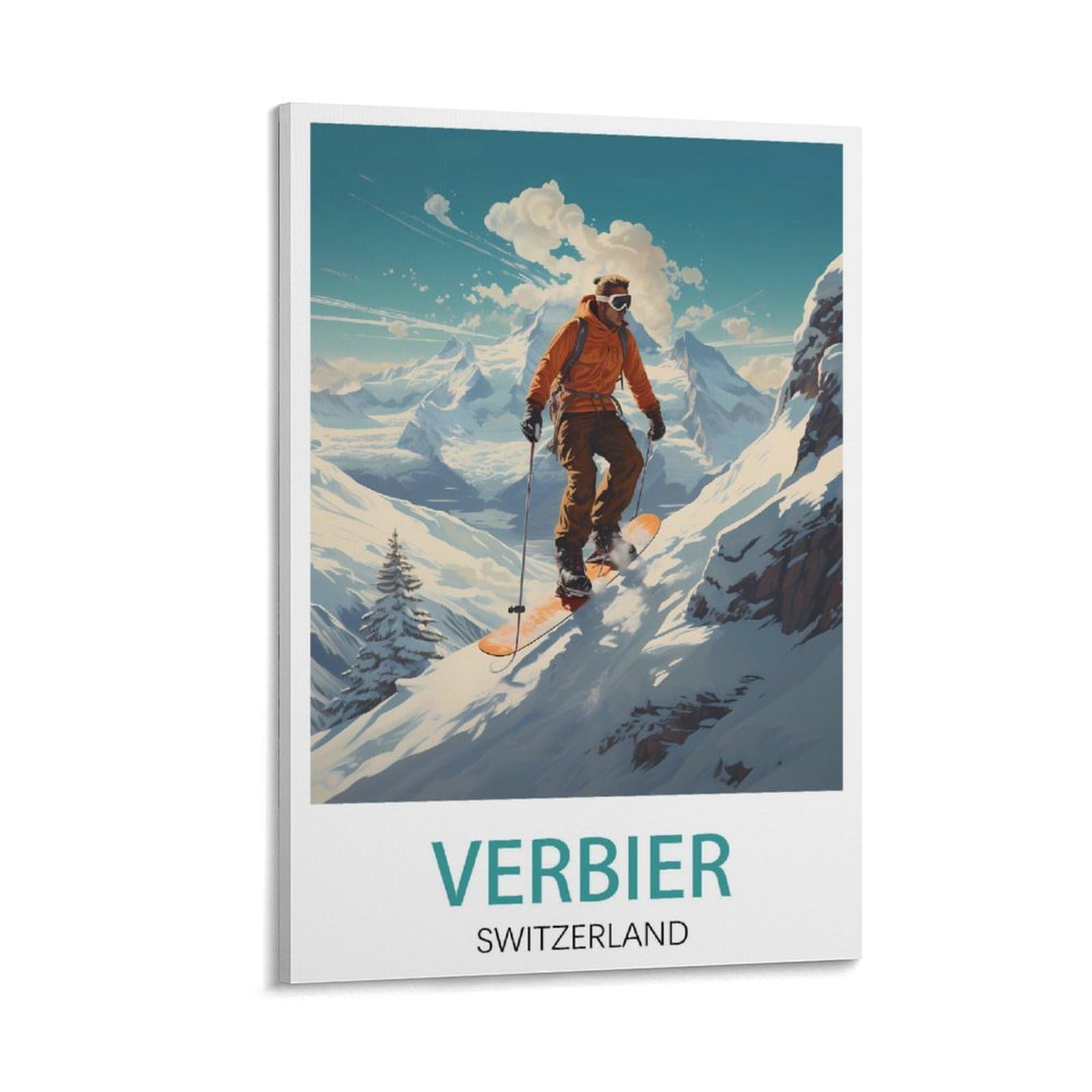 Puplum Frame-Style Verbier Ski Switzerland Vintage Travel Poster Landscape 08X12inch(20X30cm) Canvas Wall Art Posters For Living Room Decor Paintings For Home Decor