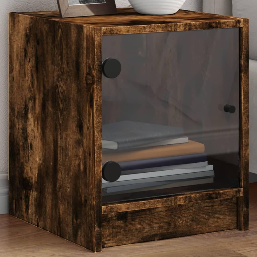 Table de chevet avec porte en verre, chêne fumé, 35 x 37 x 42 cm