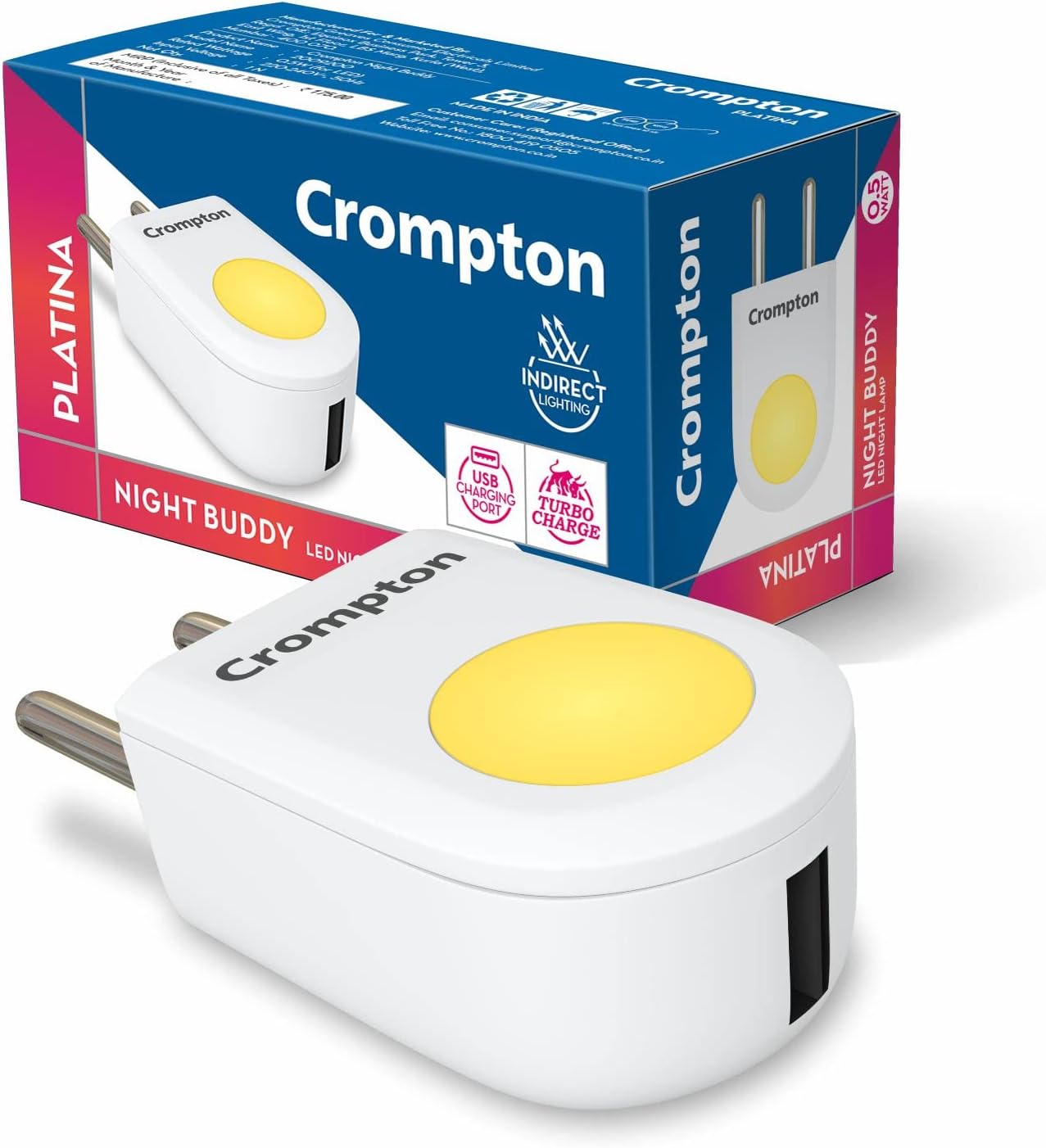 Crompton Night Buddy USB Charger + Lamp | 0.5 W | Warm White | Turbo Charge | Indirect Lighting | USB Charging Point | 2 Pin Plug | Less Power Consuption | Pack of 1 LED