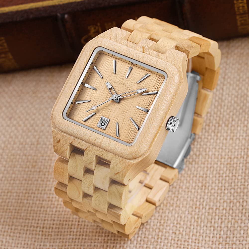 Tiong Orologio da uomo in legno di bambù Invertito Geometrico Orologio analogico al quarzo per uomini Orologi in legno fatti a mano, Wq1008-marrone chiaro, Retrò