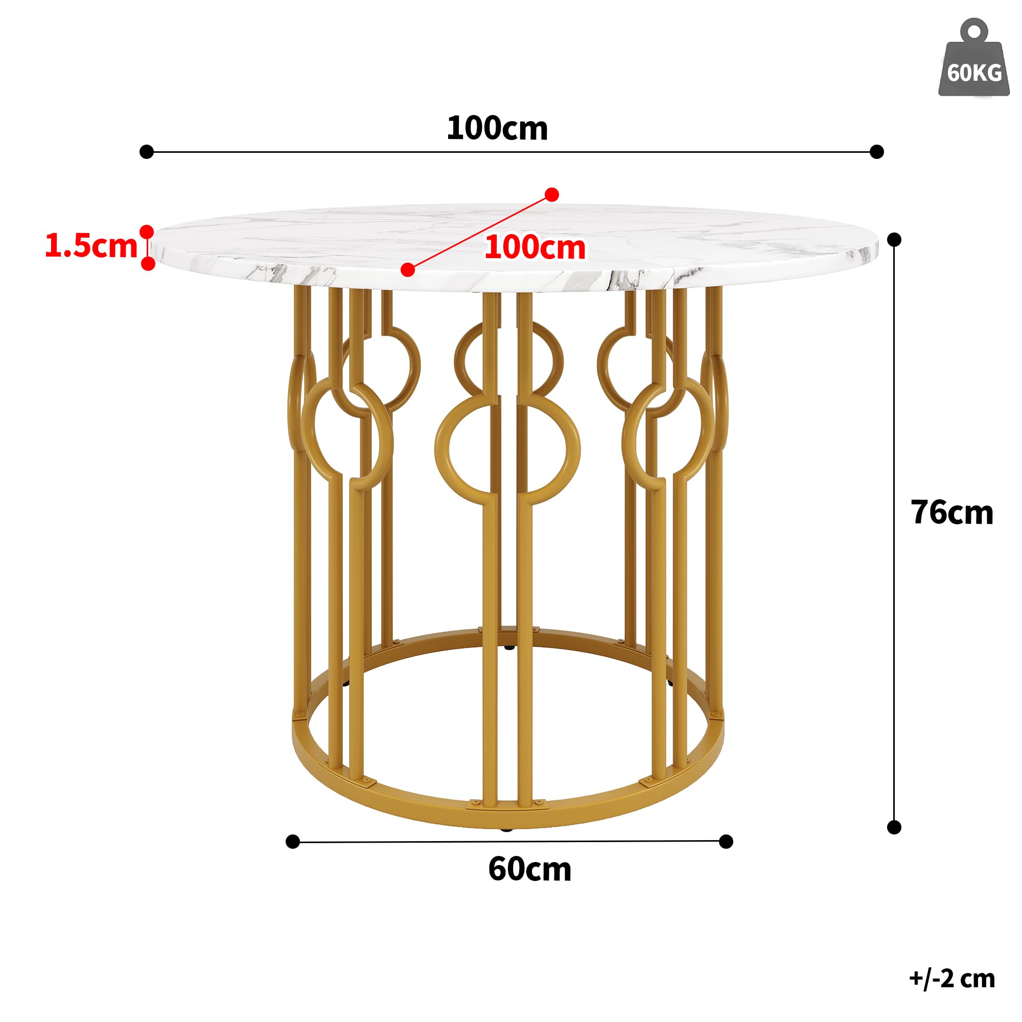 Merax Esstisch Runder 100cm, Moderner Küchentisch für 4-6 Personen, Esszimmertisch für Küchen, Wohnzimmer, Esszimmer, Büro, Künstlerisch geformte goldene Metallbeine, marmorierte MDF-Tischplatte