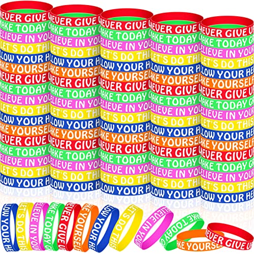 Lenwen 120 Pcs Motivational Quote Rubber Bracelets for Kids, Back to School Gifts Positive Sayings Accents Inspirational Silicone Bracelets for Classroom Students Birthday Party Favors (Bright Color)