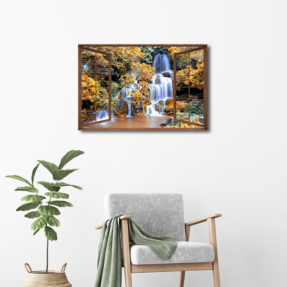 TISHIRON 3D Open Wooden Window Wall Art Canvas Waterfall View Print Paintings Framed Home Decor Paintings to Hang on Walls for Living Room Bathroom Ready to Hang 24x36inch — view 2