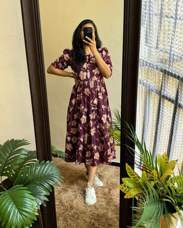 Image of Floral Midi Dress for Women - Summer Boho Dress, Lightweight & Breathable, Elegant Floral Print, Casual & Vacation Outfit, Comfortable Flowy Dress for Women