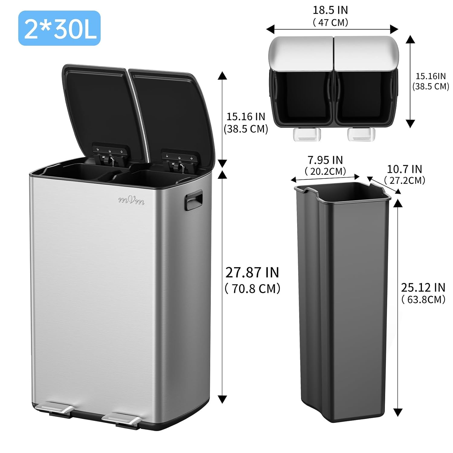 mVm 16Gal / 60L Dual Compartment Kitchen Trash Can, 2x8 Gallon Stainless Steel Recycling Bin Combo for Wet/Dry Waste Separation,Soft-Close Anti-Fingerprint.Garbage Can for Kitchen Living Room (Silver)