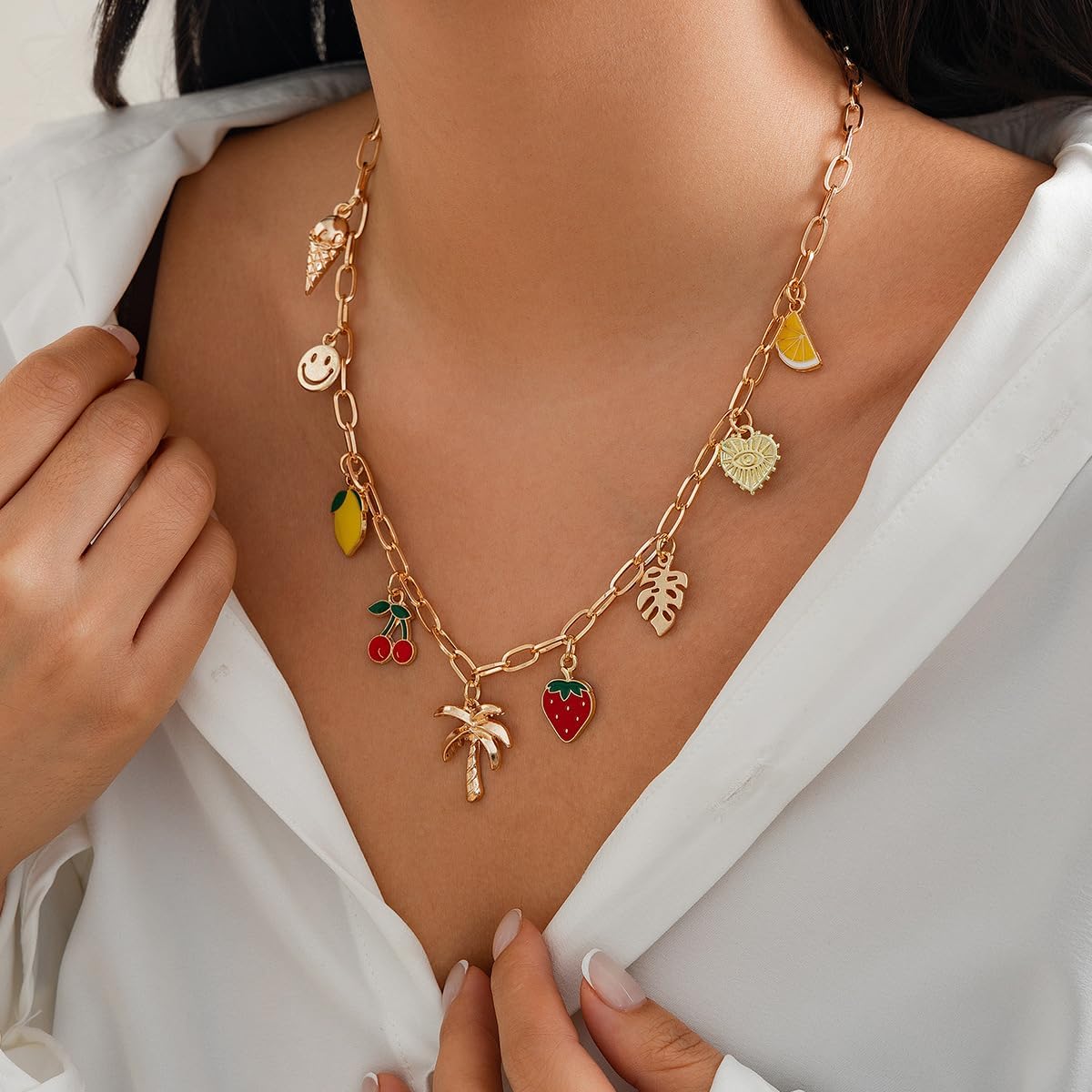 Bohemian Fruits Charm Necklace Gold Coconut Tree Pendant Necklace Cute Sweet Strawberry Cherry Mango Lemon Fruits Necklace for Women Trendy Summer Surfer Necklace Paperclip Chain Choker Necklace Stuffers Outfits Christmas Gift - Image 5