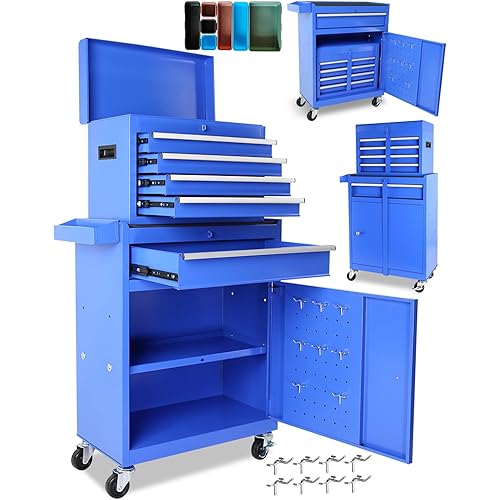 5-Drawer Rolling Tool Chest, 2-in-1 Steel Tool Storage Chest with Locking Wheels & Anti-Slip Trays, Detachable Toolbox, Adjustable Shelves for Garage,Workshop,Home, Blue