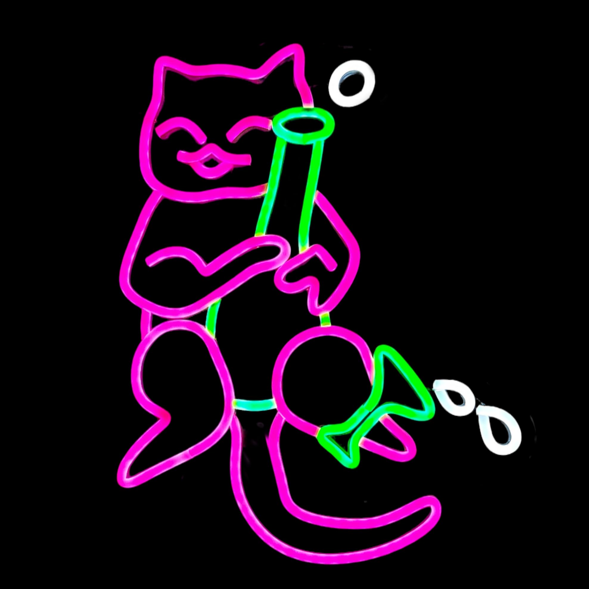 Photo 1 of "OW" LED Neon Cat Sign, Pink and Green Bar Decor Light, Drinking Cat Wall Art for Home and Party,16.5 * 12.8 Inch