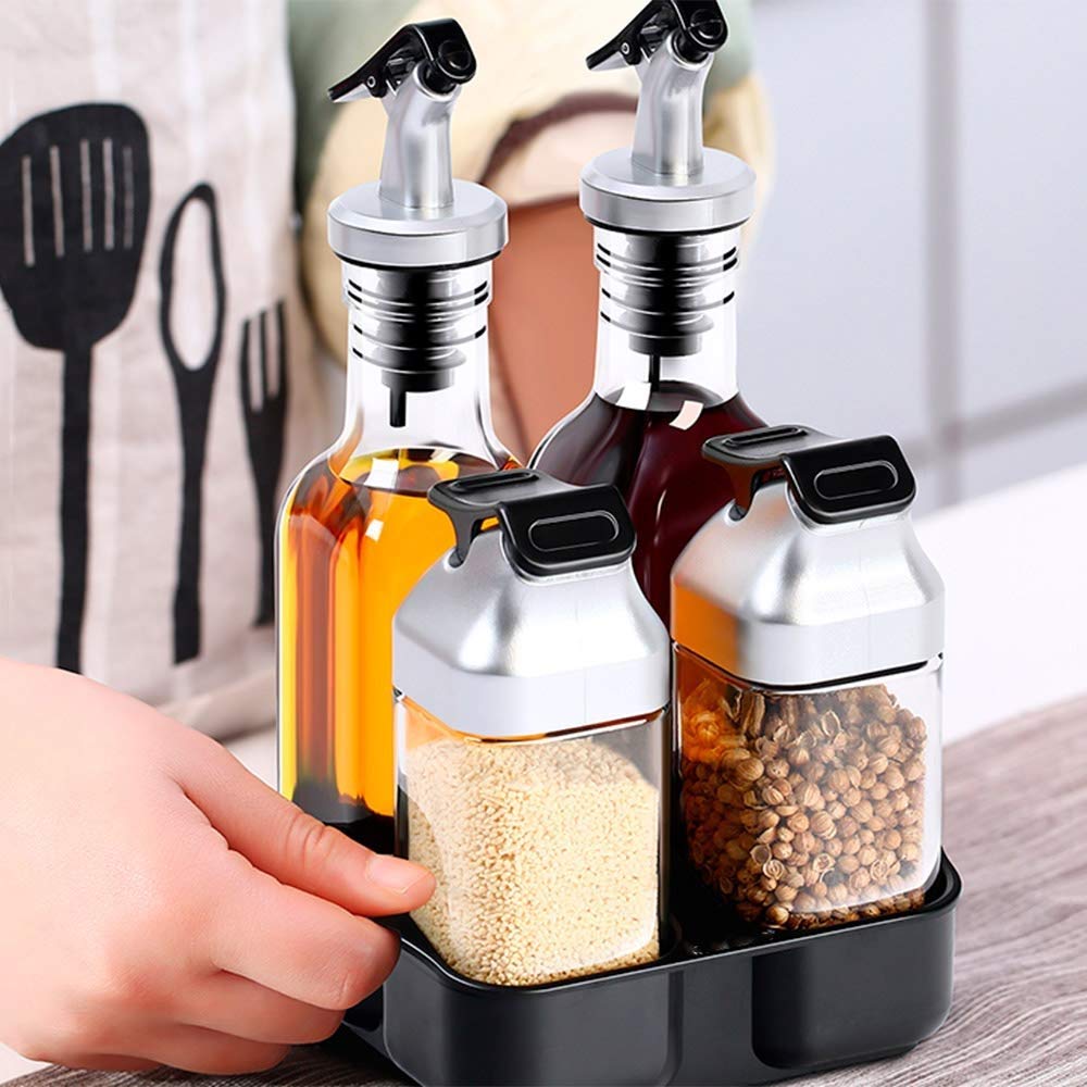 4 Piezas de Botellas de Jarra de Especias de Vidrio con Tops de dispensadores y Caddie de organización