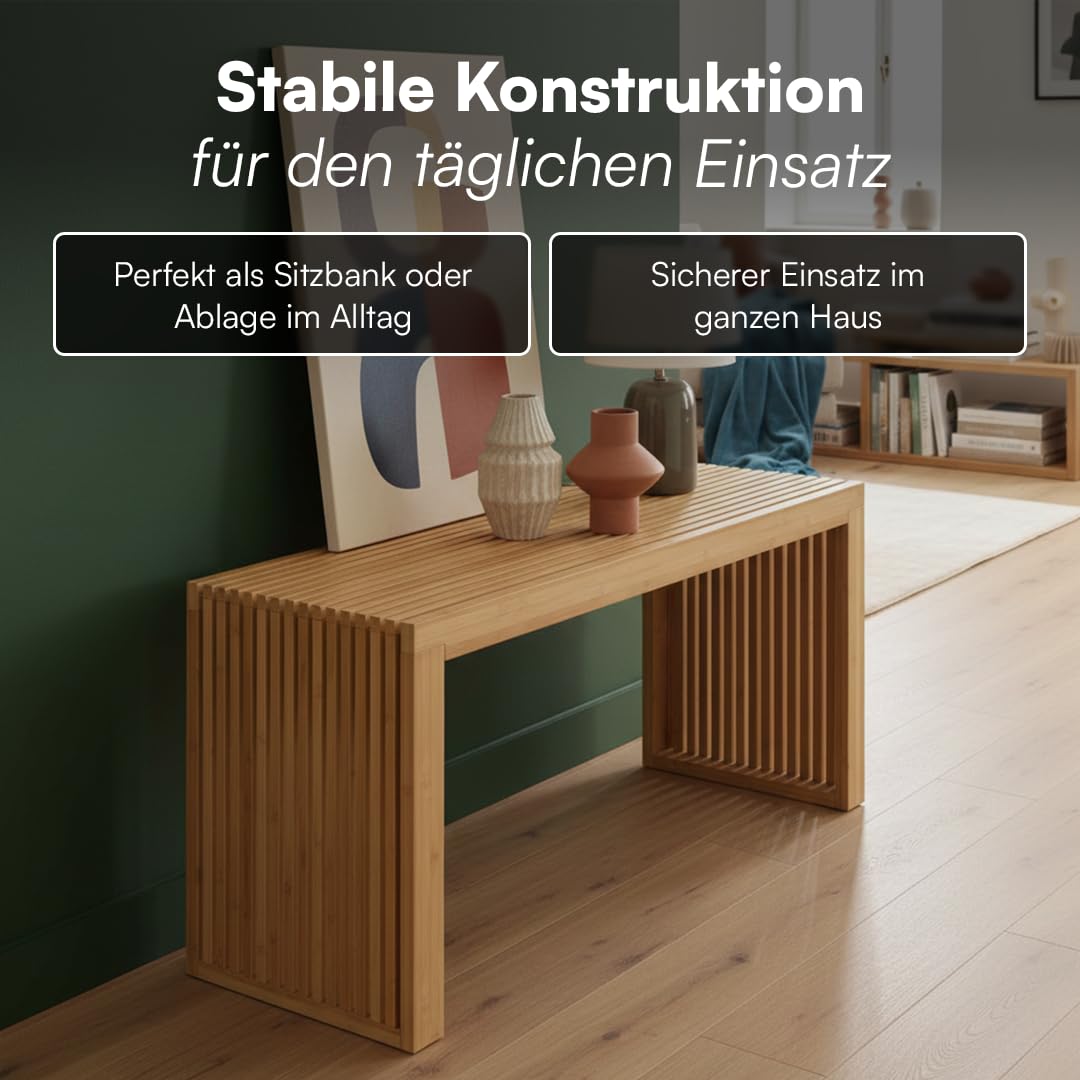 Bellamio Sava Sitzbank aus Bambus – stabile Holzbank Natur – Moderne Bank für Flur, Esszimmer, Schlafzimmer, Wohnzimmer, Badezimmer – Garderobenbank bis zu 250 kg belastbar – Bettbank 45x33x100 cm
