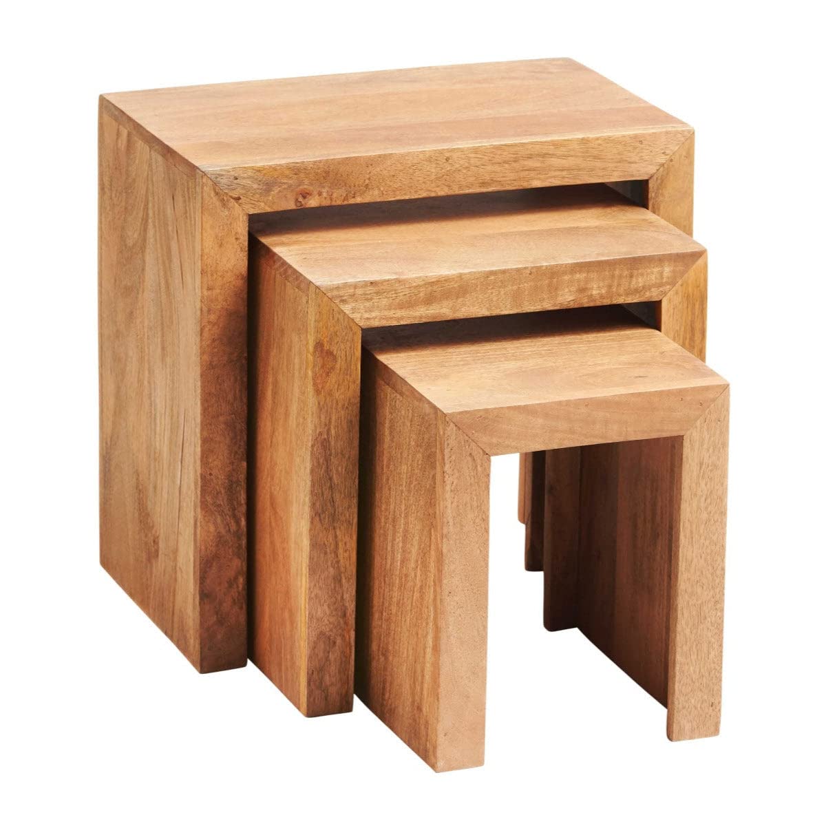 VERTY 3 Nest of Tables in Light Mango Wood – Solid Wooden Nesting Tables for Living Room & Hallway – Multifunctional Coffee Table & Lamp Stand – Side Tables for Bedroom