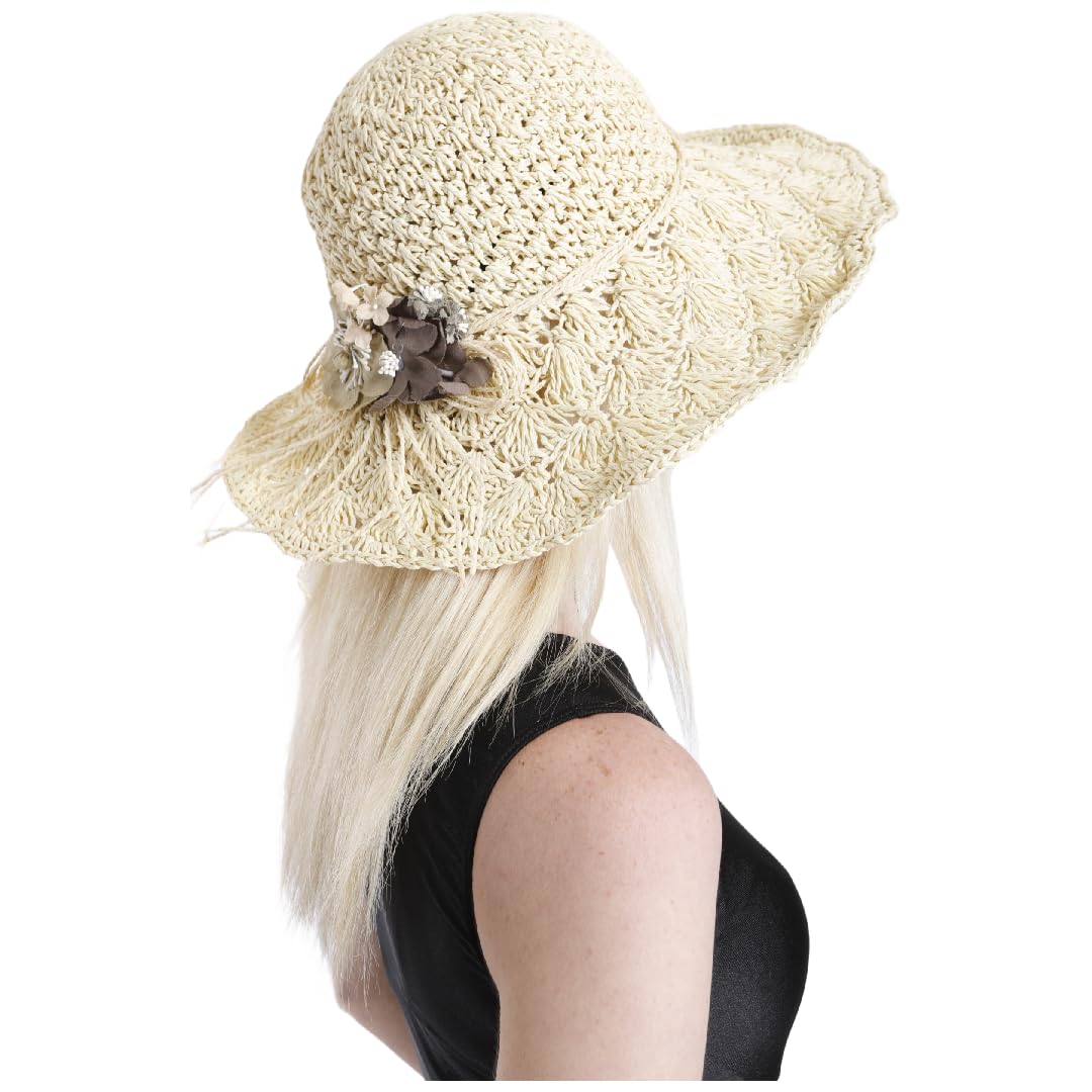 Carnavalife Sombrero Verano Mujer Grande de ala Ancha,Transpirable para El Sol, Playa y Viaje, Gorro Talla Única Ajustable, Hecho a Mano,100% Sombrero Paja de Papel,Tejido Crochet,Beige