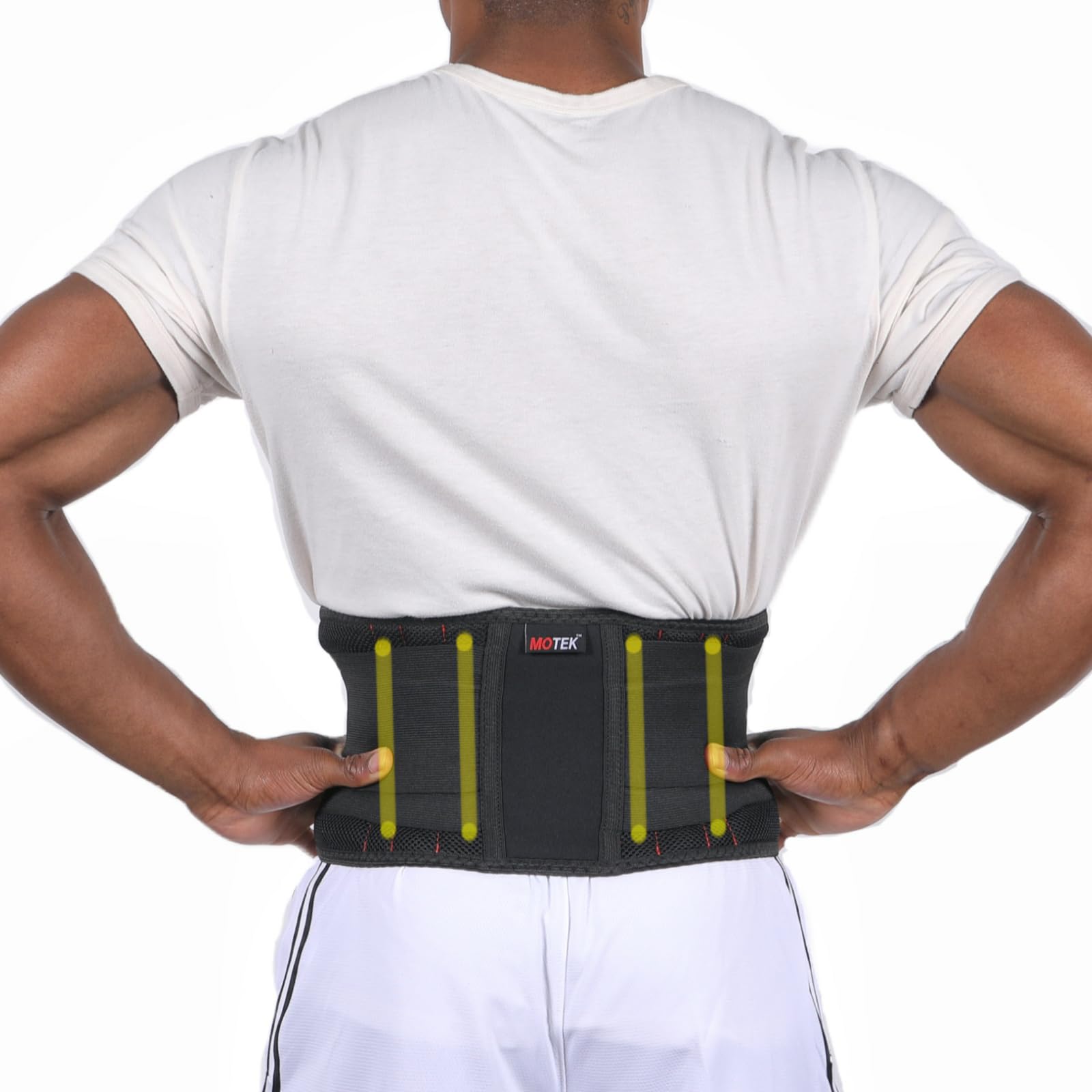 MOTEK Tutore per la schiena per uomini e donne (M 71-91,4 cm), materiale traspirante, supporto leggero, doppie cinghie regolabili, sollievo dal dolore lombare, supporto lombare