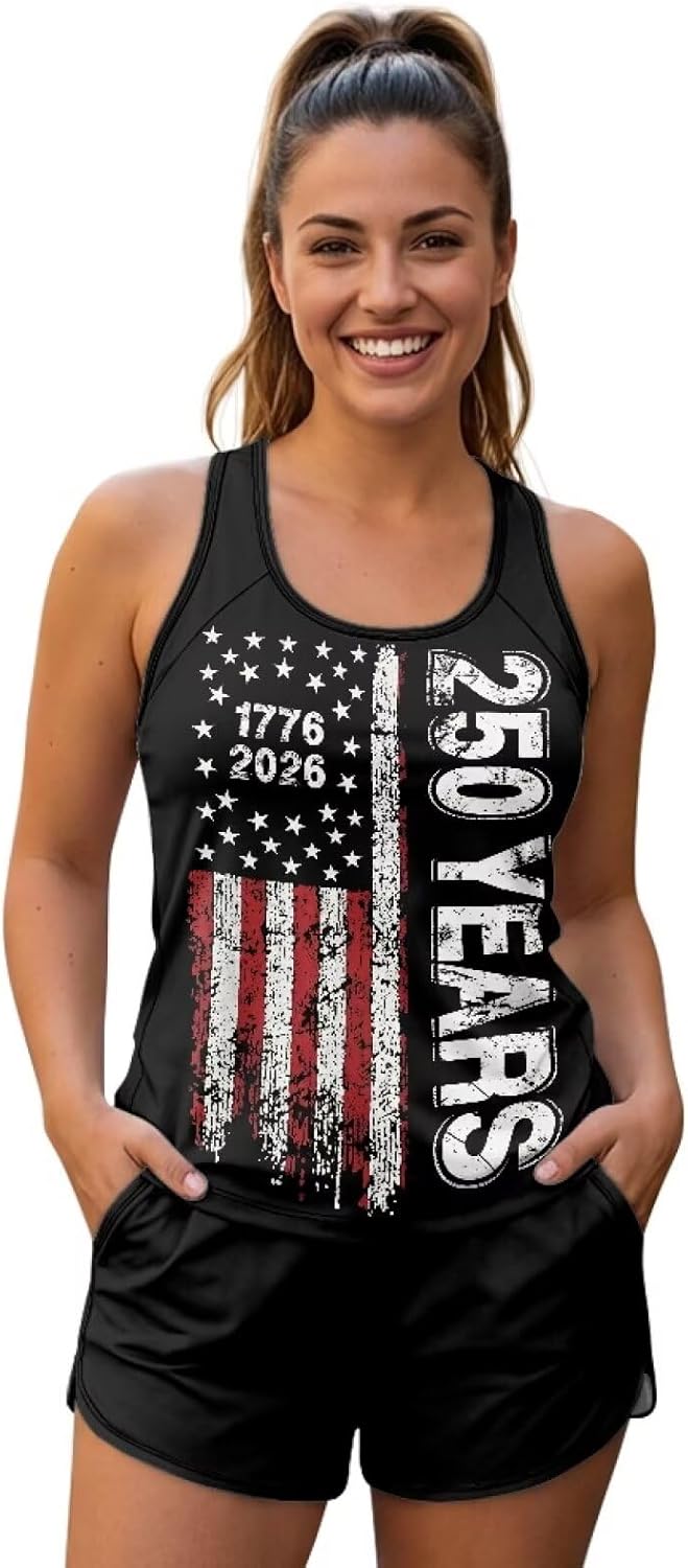 Women's American 250th Tankini Set Tank Top and Quick Dry Swim Shorts with Pockets Comfort Bathing Suit Size S-6XL