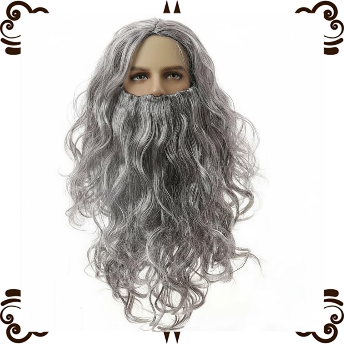 Utaomld Wizard Cloak Magician Robe 5 Piece with Wig Beard Gloves Wand Halloween Party Role Play Costume Adult Outfit Black - Image 9