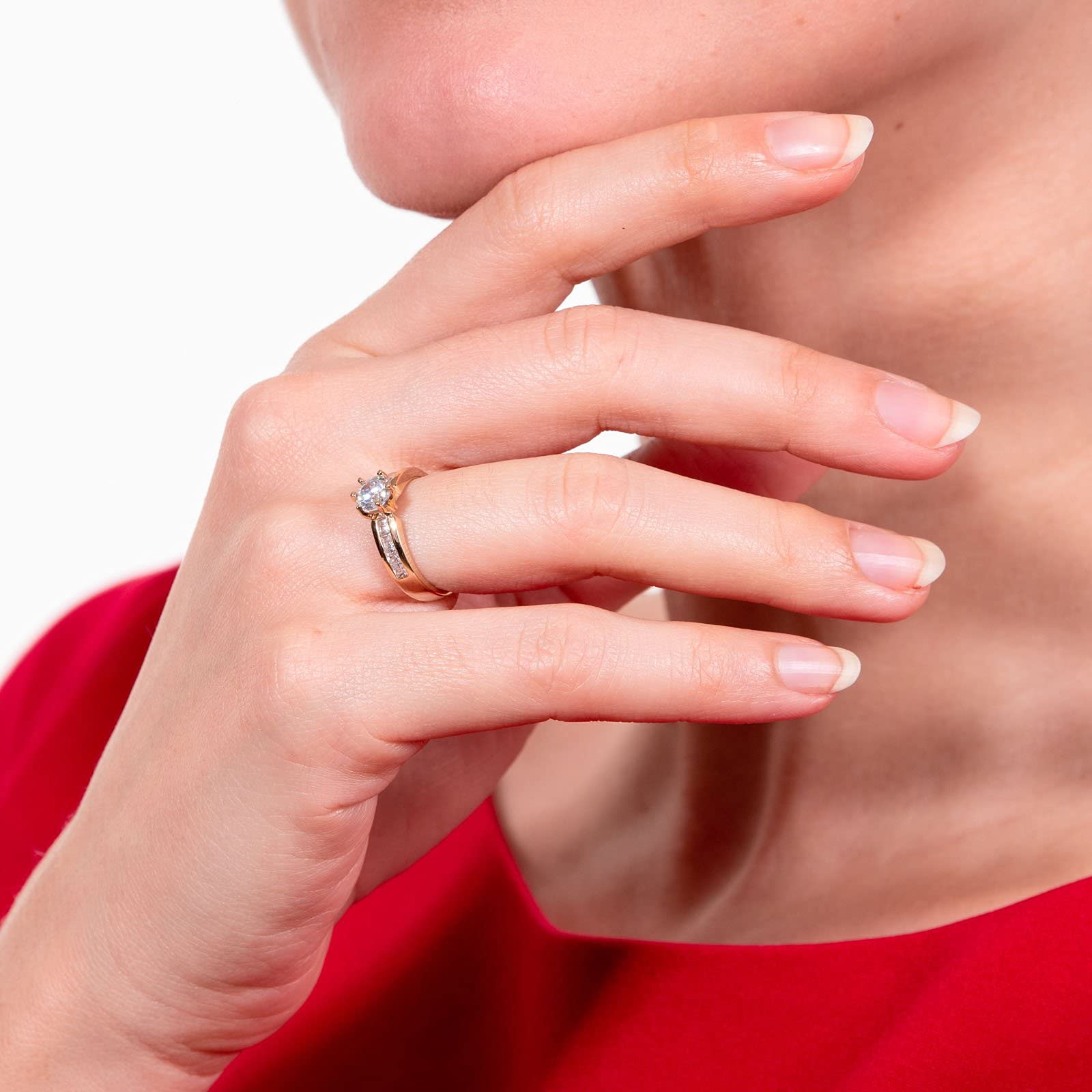 Solitärring mit Seitensteinen für Damen aus 925er Silber, 18 Karat vergoldet -, Silber, Gold