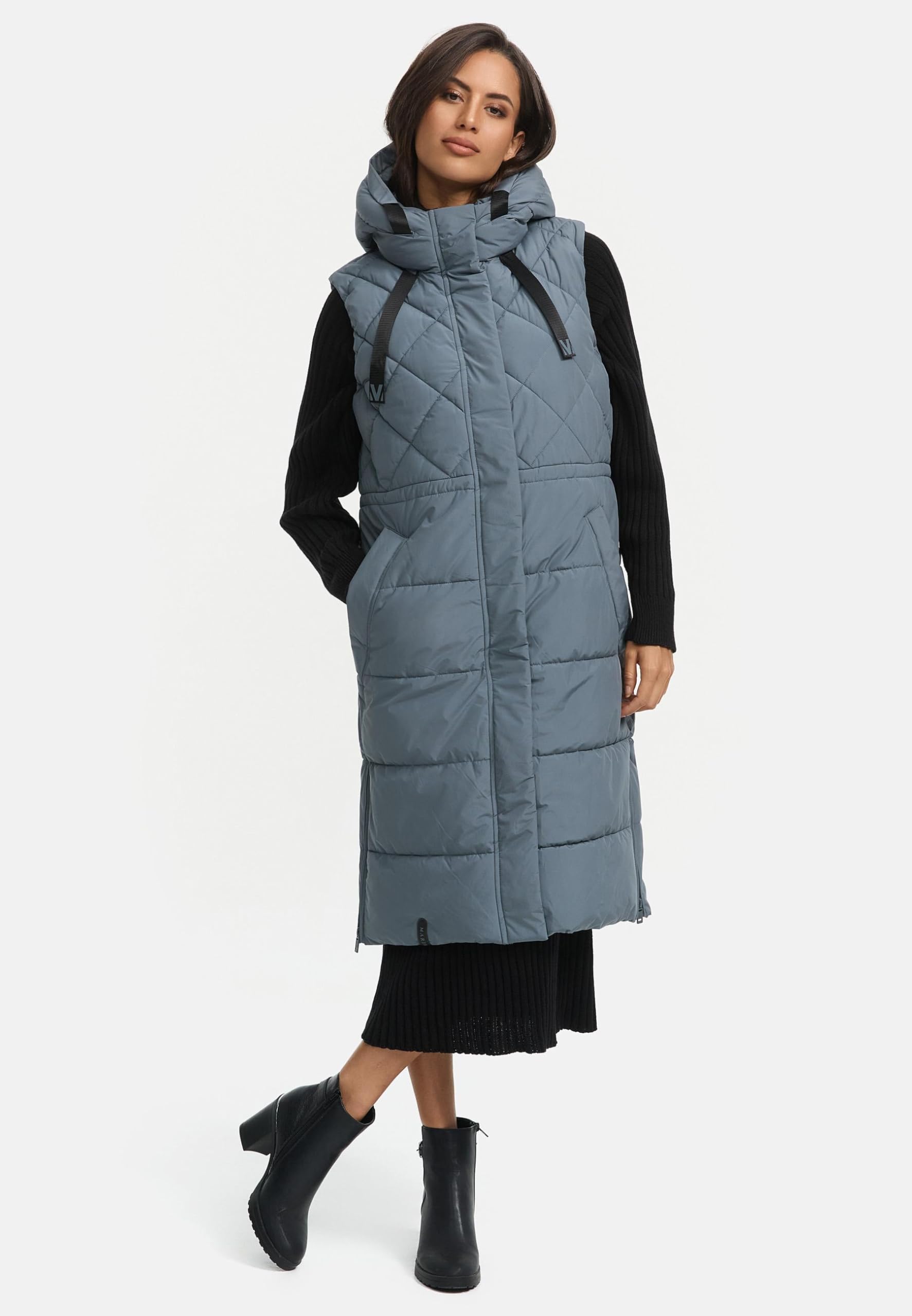 MARIKOO Gilet lungo da donna senza maniche lungo trapuntato caldo in materiali riciclati con cappuccio Narikaa 16 XS-3XL