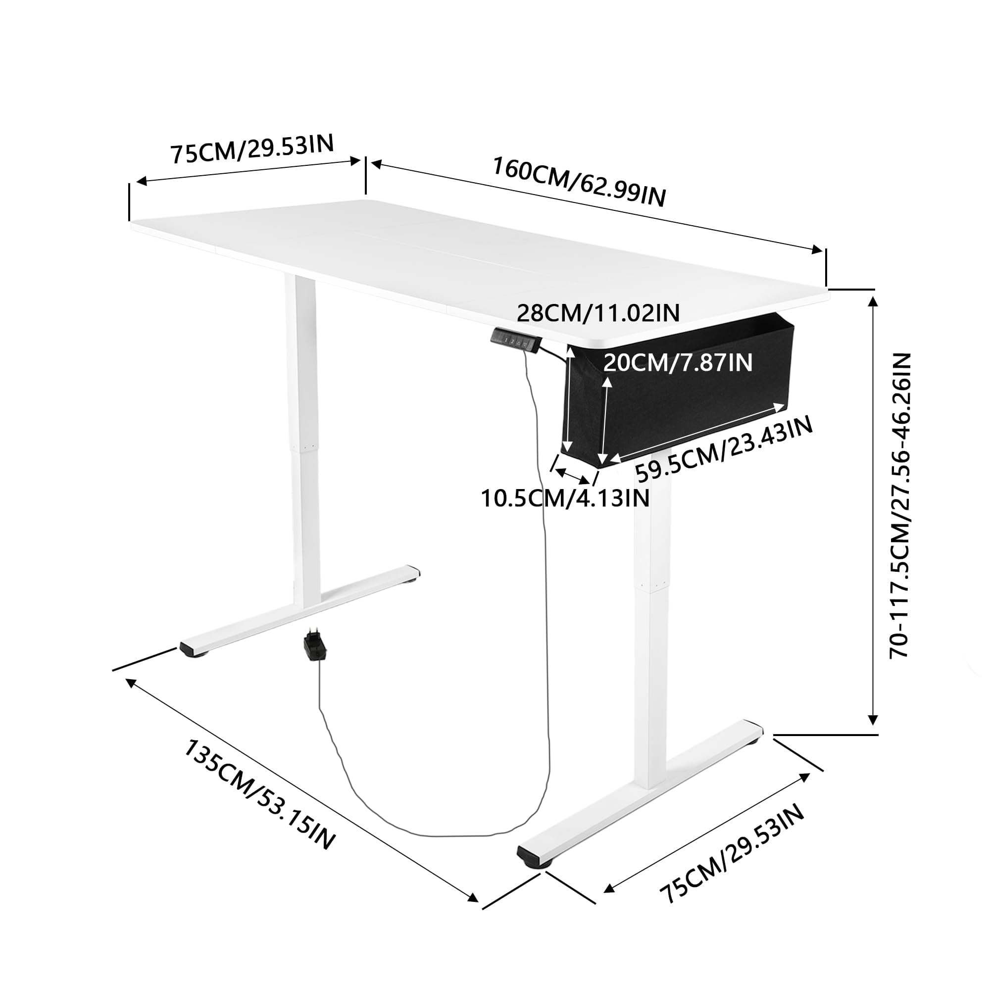 Höhenverstellbarer Schreibtisch 160x75cm,Elektrisch Gaming Tisch mit Lichtleiste,USB,Tasche und Haken,2 Memory Funktion,Ergonomischer Elektrischer Stehschreibtisch für Homeoffice lernbüro,Weiß