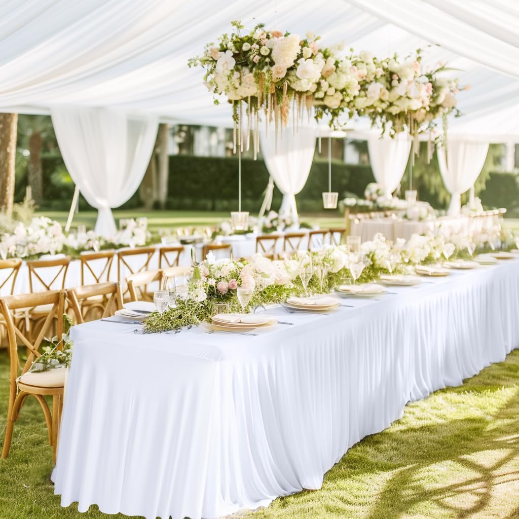 JCJ Table Skirt for Rectangle Tables Spandex Fitted White Tablecloths for 6FT Tables, Wrinkle Resistant Ruffles Elastic Table Cover Skirts for Teacher Desk Weddings Banquets Parties