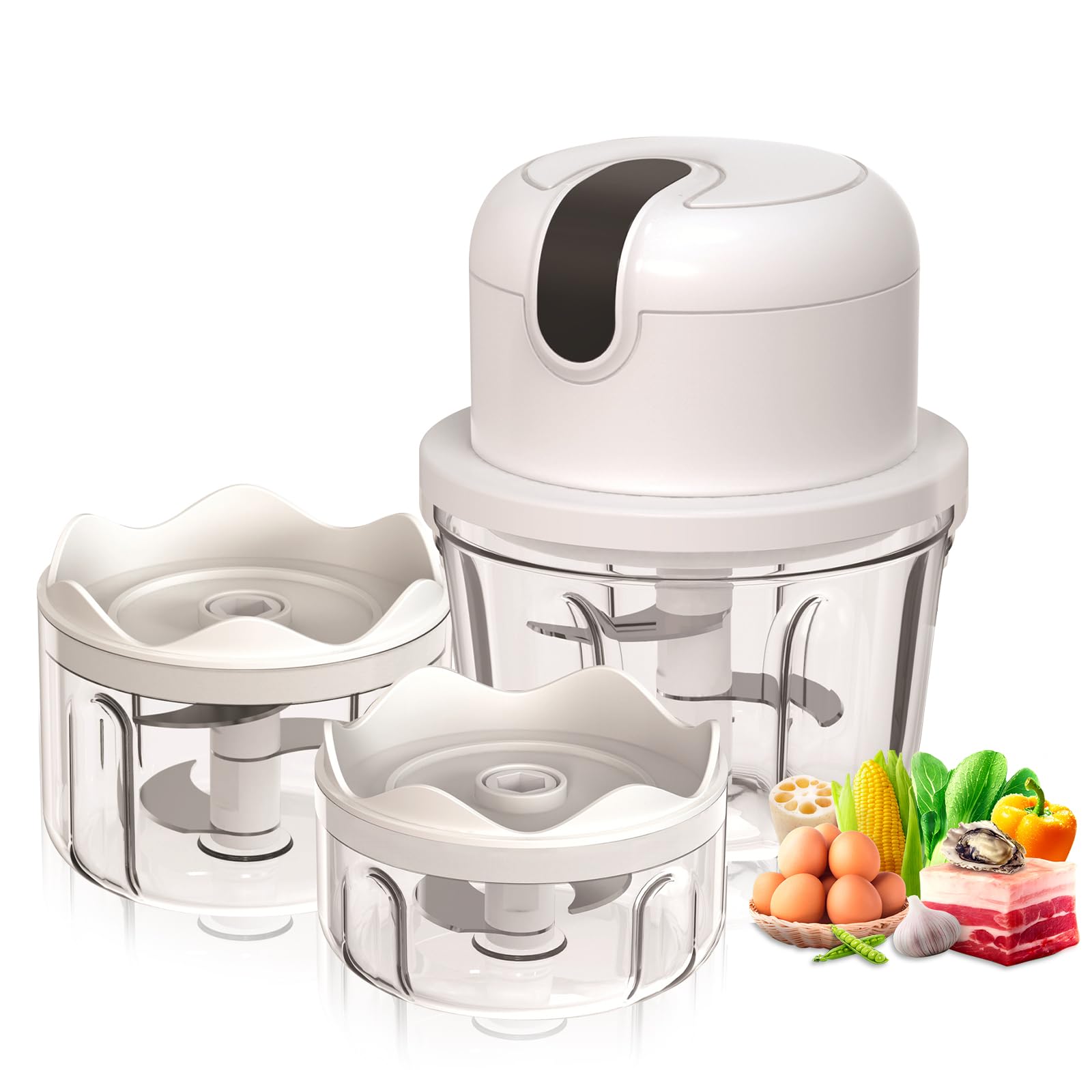 Picadora eléctrica con puerto USB, mini robot de cocina, 100 ml, 250 ml, 300 ml, cortador de verduras eléctrico con 3 cuchillas afiladas, prensa de ajo multifunción para carne, verduras, frutas