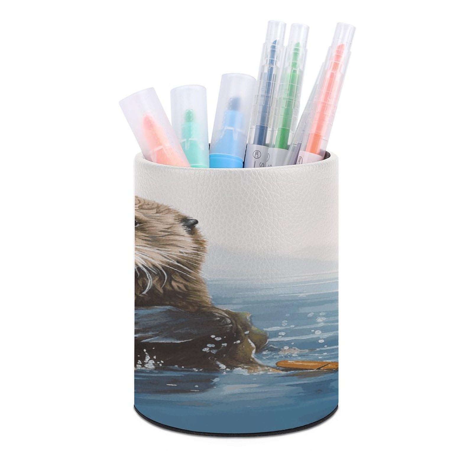 LDGSUPH Sea Otter Round Pen Holder Leather Pen Cup Pencil Cup Pen Organizer Pencil Holder for Desk Organizer Pencil Organizers Makeup Brush Holders for Home Office Gift