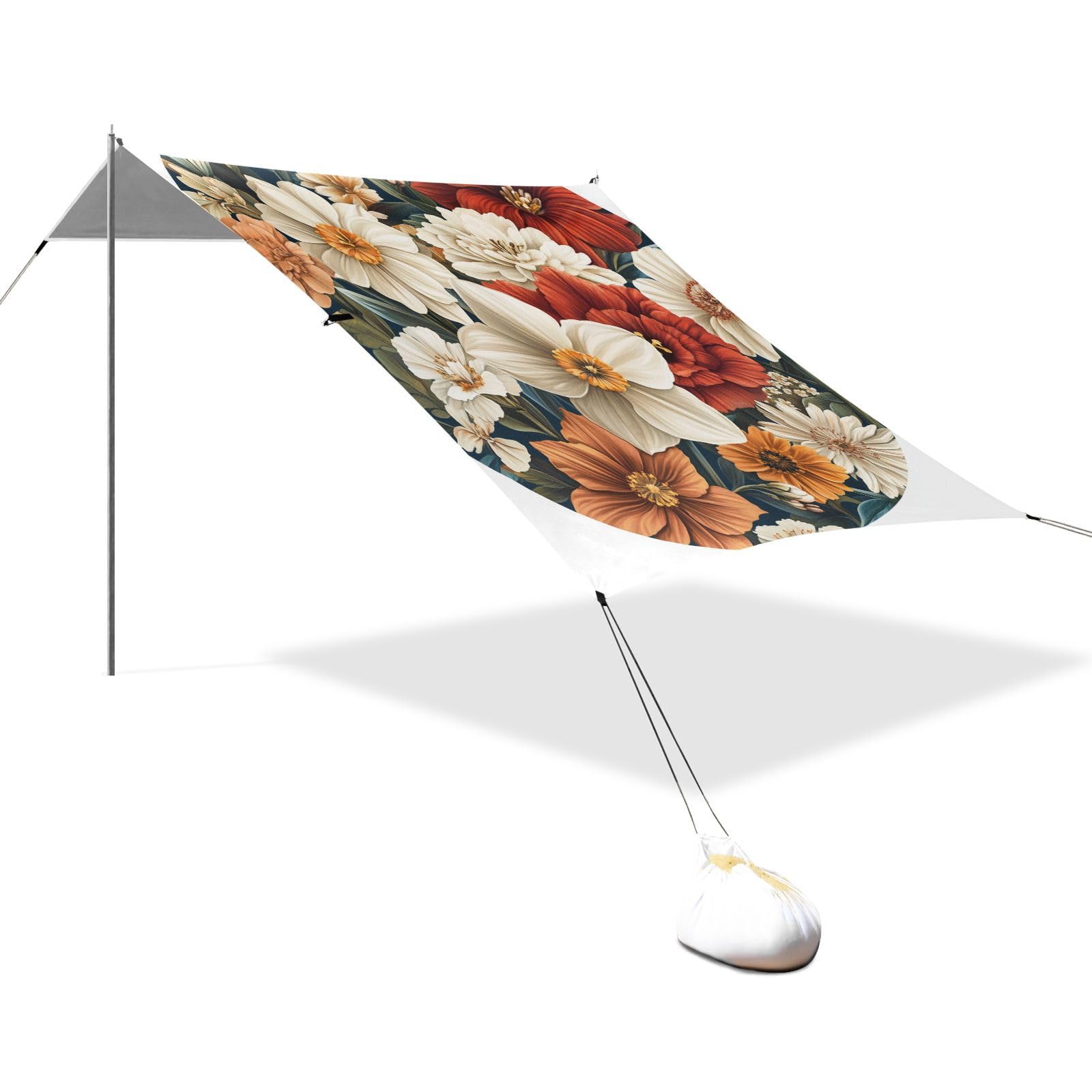 Flowers Daffodils Zinnia Stable Beach Tent UPF50 Waterproof Shade Sun Shelter with Sandbags, Sand Shovel, Poles for Backyard, Grassland, Park