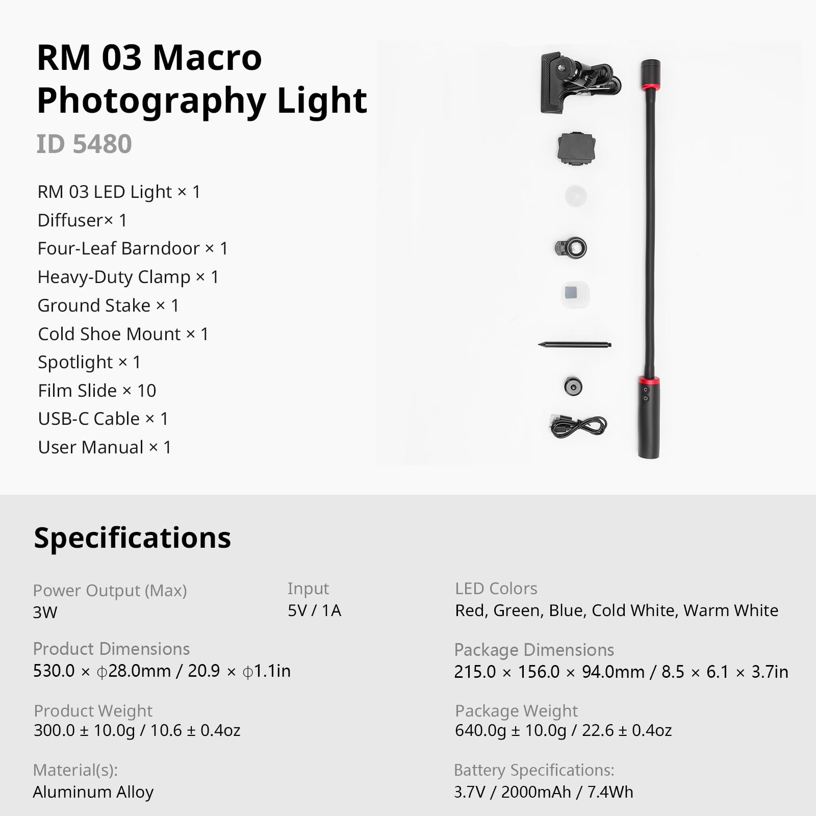 SMALLRIG RM 03 Luce LED per Macrofotografia, Angolo del Fascio Regolabile, 5 Colori 2200K-6500K, Braccio Luce Macro per Fotocamera con Adattatore per Slitta a Contatto Freddo, Impermeabile IP54-5480