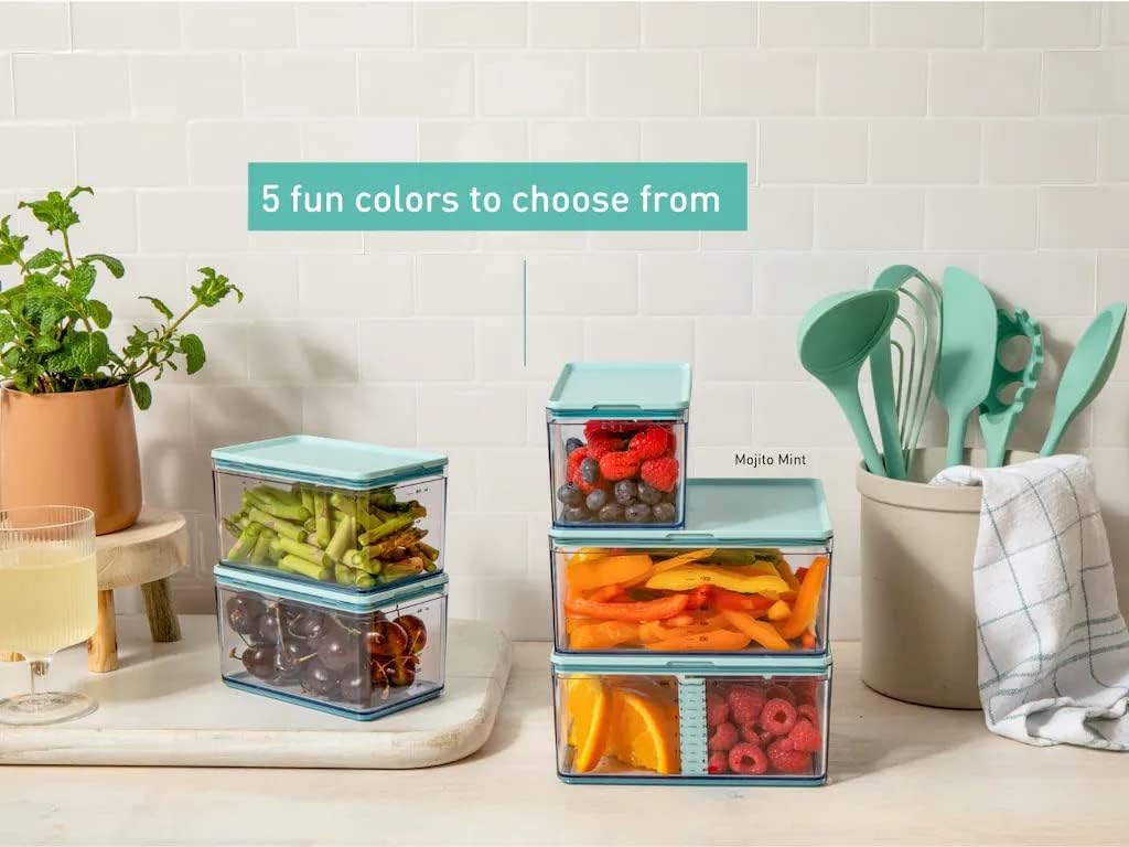 Prepdeck Food Storage Containers from 20% More Capacity - Streamlined & Stackable - Super Seal Lids - Measure in ml, oz & Cups - Color-Matched Grippy Silicone Foot Trim - 3 Size Options, 5 Colors