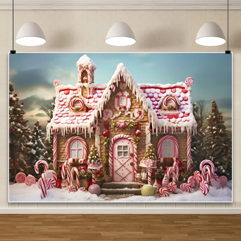 Sfondo Fotografico Per Natale Con Negozio Di Caramelle E Albero Rosa - 240x180 Cm, In Poliestere Lavabile