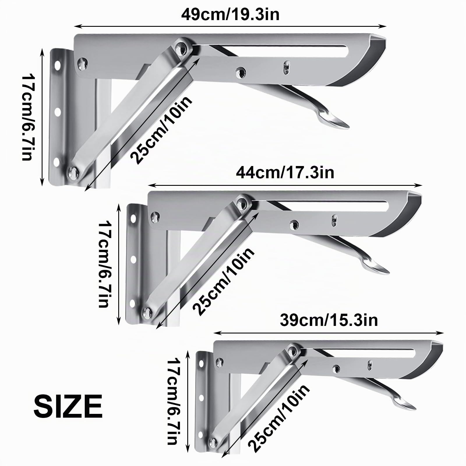 2 Pezzi Staffe Pieghevole da 50 cm, Staffe per Mensole Pesanti in Acciaio Inox Supporto Tavolo Pieghevole Staffe per Mensole Pesanti per Mensola a Muro, Carico Massimo: 100 kg