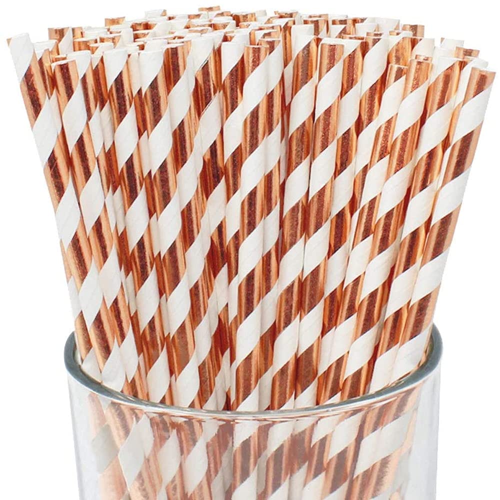 TukcherryPaper Straws Drinking Party 100 Pack Bulk Straws Cocktail Decorations for Birthday Wedding in Bright Rainbow Multi Colorful Striped (Rose-Wave)