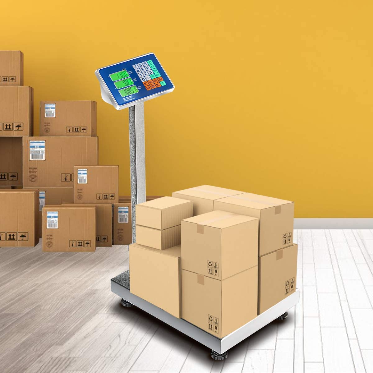MEDIMALL Báscula electrónica plegable de 660 libras, báscula digital informática con pantalla LCD, fuente de alimentación CA/CC y LB/KG conmutable, báscula de plataforma de piso grande para pesar