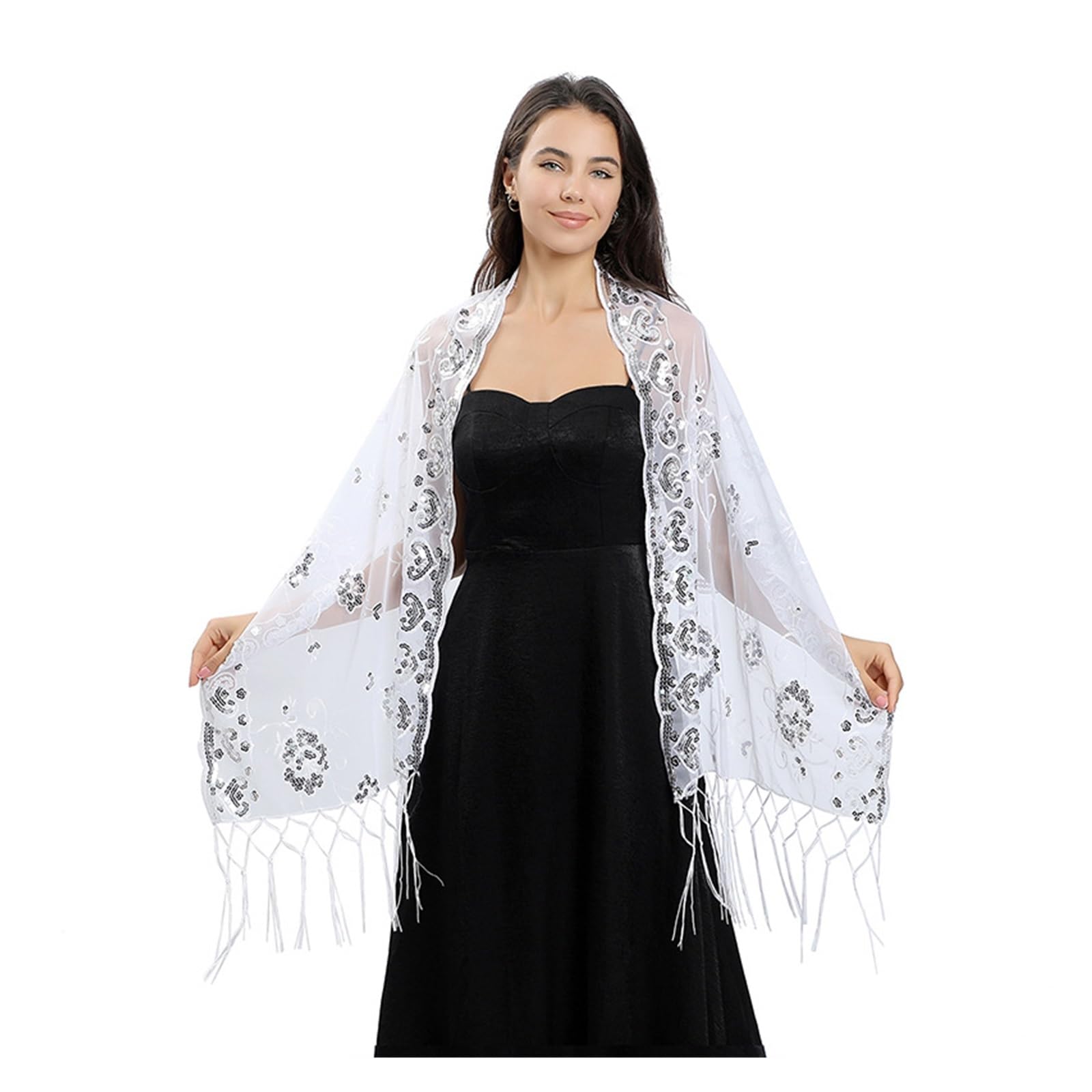 Chal De Noche Chales de lentejuelas con bordados florales for mujer, vestidos de noche, chal for novia, dama de honor, capas de boda, bufanda de hombro(Black Gold)