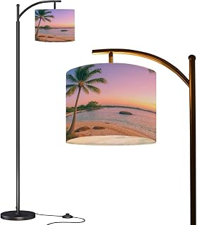 Arc Floor Lamp Palm Trees Beach Against Sky Sunset Tall Standing Lamp Modern Dimmable with Remote Adjustable Drum Shade Footswitch for Living Room Bedroom Office