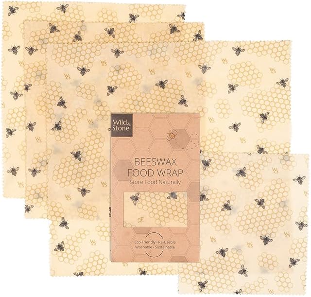 Wild & Stone | Beeswax Wraps | Organic & Reusable | Multipurpose Beeswax Food Wraps | Keeps Food Fresh | Honeycomb Patterned Set of 4