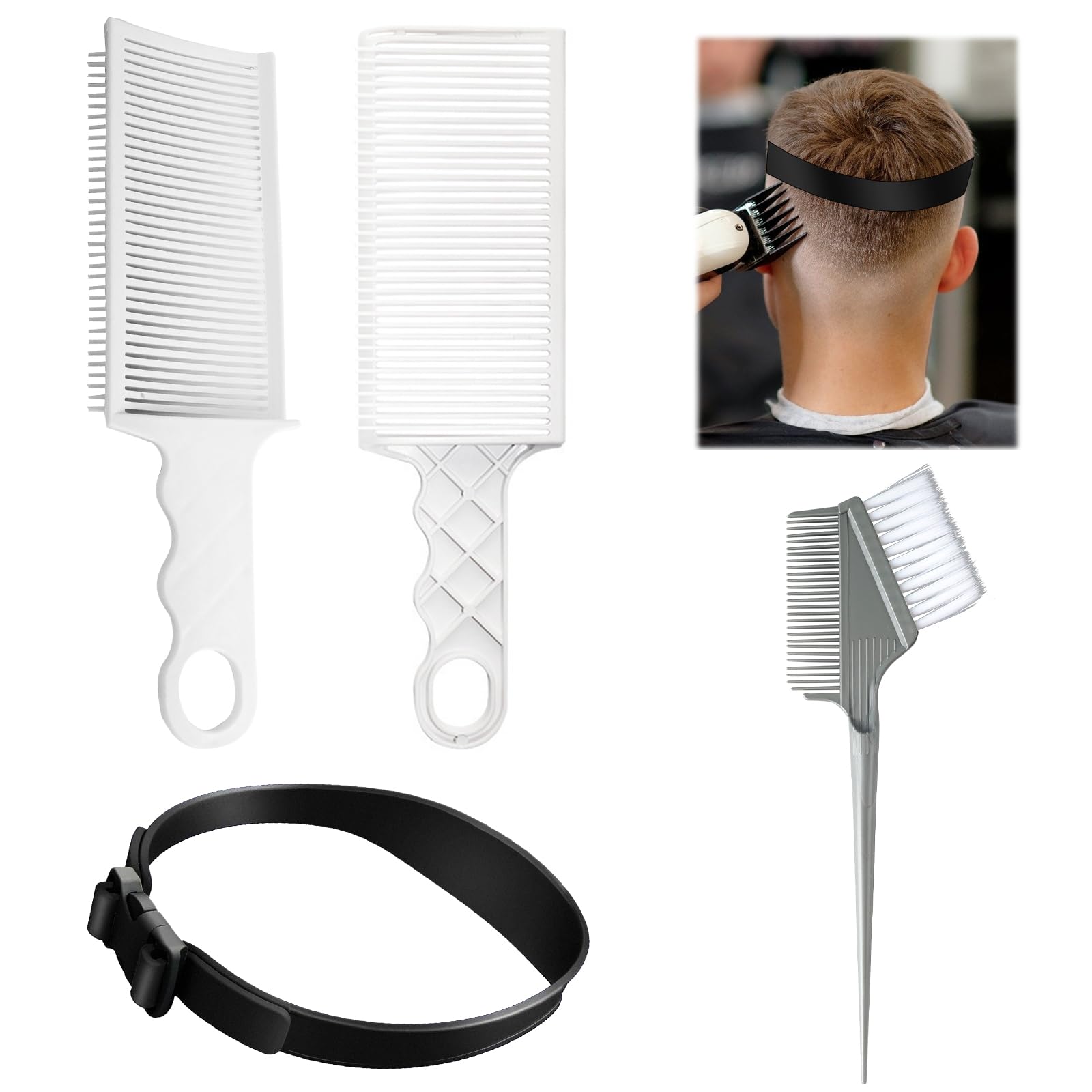 Haarschneidekamm Set 3-teilig – Mit Gebogenem Kamm, Doppelbürste & Silikonband | Für Selbsthaarschnitt, Färben, Bartpflege