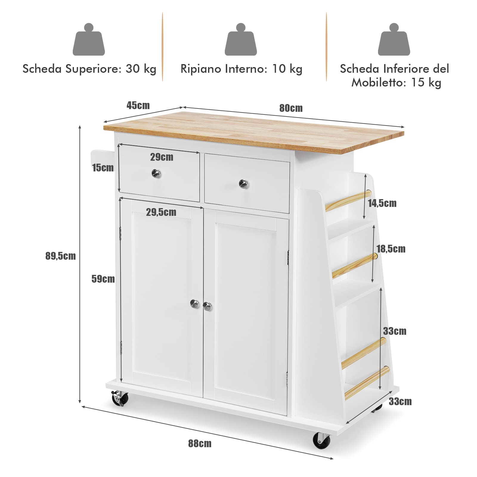COSTWAY Carrello di Servizio Cucina con Ruote, 2 Cassetti e Portaspezie, Portasciugamani e 2 Porte, Ideale per Casa Ristorante e Bar, MDF + legno di gomma 88x45x89,5 cm (Bianco)
