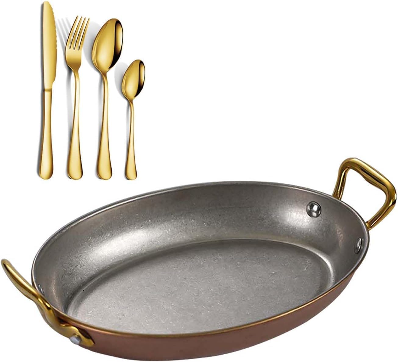 Paella Pan With Gold Handles, 4-piece Flatware Set, Induction & Gas Compatible Skillet For Paella, Risotto, And More - Perfect For Spanish Cuisine
