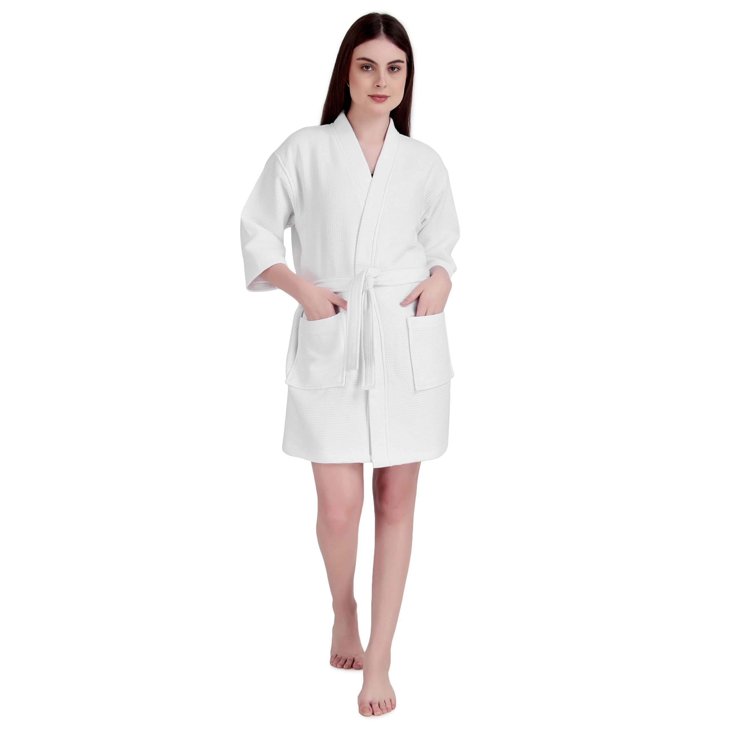 ALLEN & MATE 100% Cotton Women's Short Robe Dual Fabric Waffle Outside & Terry Towel Inside Kimono Bathrobe Medium Weight