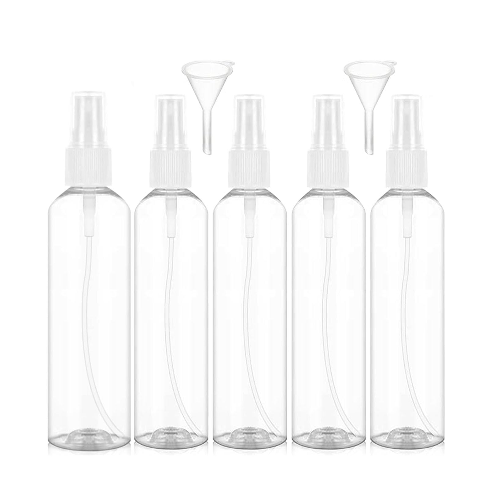Dolaso 5 PCS Travel Spray Bottle, 100ml/3.38oz Small Spray Bottle Atomiser Spray Bottle, Plastic Refillable, Transparent Travel Bottle Set, for Cleaning, Perfume, Make up with 2 Pieces Funnel