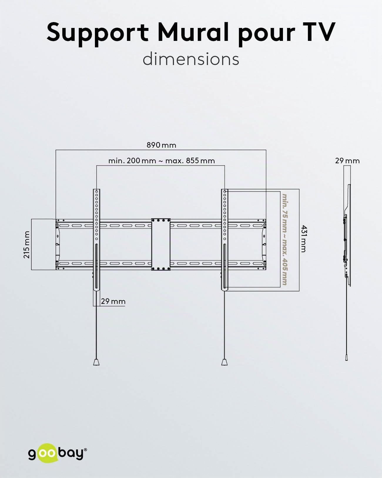 goobay Support TV Mural Fixe 43-100 Pouces Ultra-Plat 29 mm VESA 600x400 Jusqu'à 70 kg - Basic FIXED XL - 49742