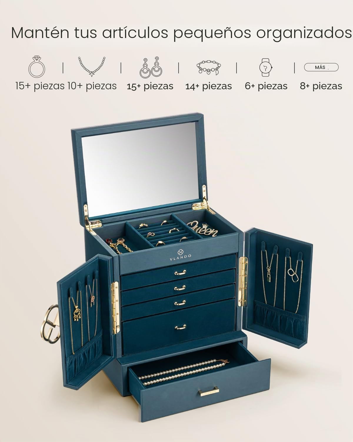 VLANDO Joyero grande vintage 6 niveles con espejo y cajones, organizador de joyas XXL para mujer
