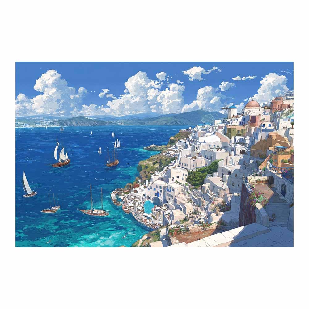 DMZPKZB Modern Landscape Picture Santorini Coastsal Town Canvas Wall Art,Minimalism Scenery Painting,for Dining,Bathroom, Living Room, Bedroom,Corridor(Multicolor)-70x100cm Unframed